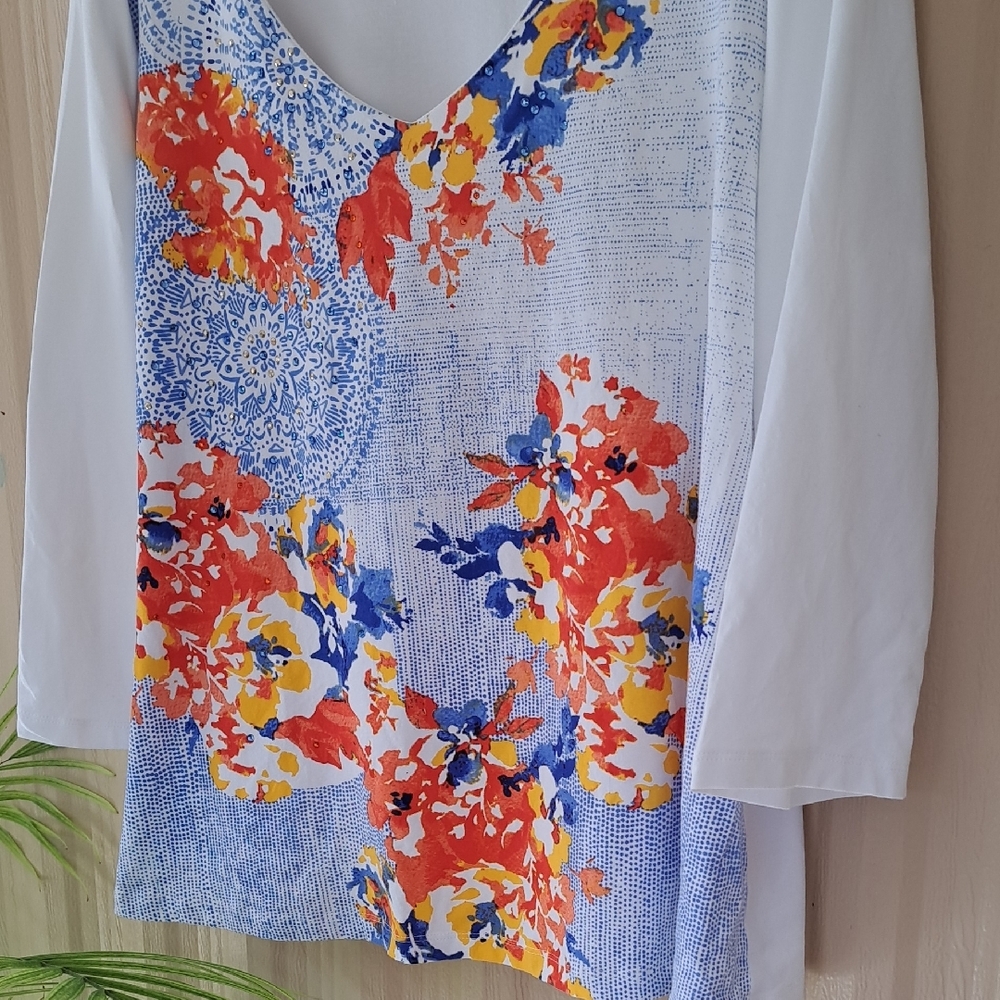 Hearts of Palm Floral Long Sleeve Top - Red, Blue, Yellow.  Size 2X NWOT - Picture 4 of 7